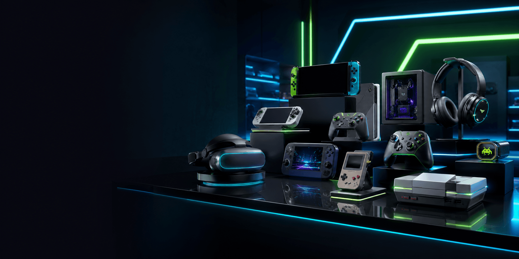 Futuristic display of gaming consoles and gadgets